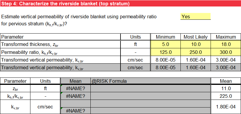 Step 4 of BT Case 5 worksheet: Probabilistic input without using @RISK for permeability ratio as input.